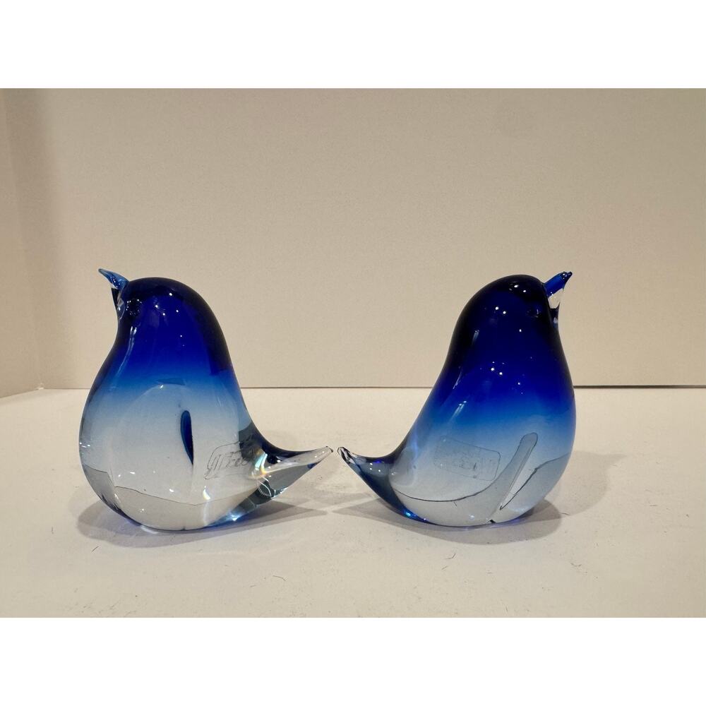 Vintage Murano Signed Oggetti Cobalt Blue Bird Glass Figurines Italy - Set of 2